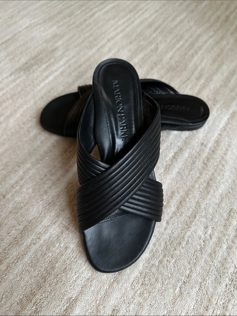 Marion Parke Jillian Criss Cross Slide Sandals Quilted Leather Black Sz 8 EU 38
